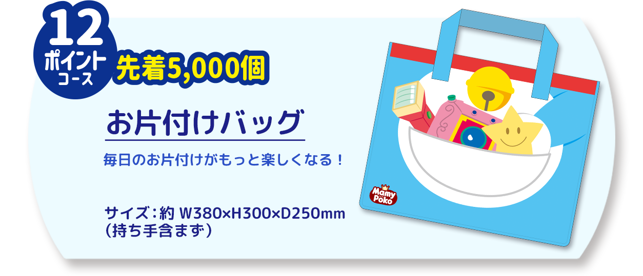 12ポイントコース / 先着5,000個 / お片付けバッグ / 毎日のお片付けがもっと楽しくなる！ / サイズ：約 W380&times;H300&times;D250mm（持ち手含まず）