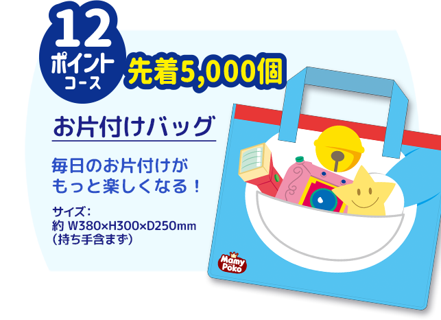 12ポイントコース / 先着5,000個 / お片付けバッグ / 毎日のお片付けがもっと楽しくなる！ / サイズ：約 W380&times;H300&times;D250mm（持ち手含まず）