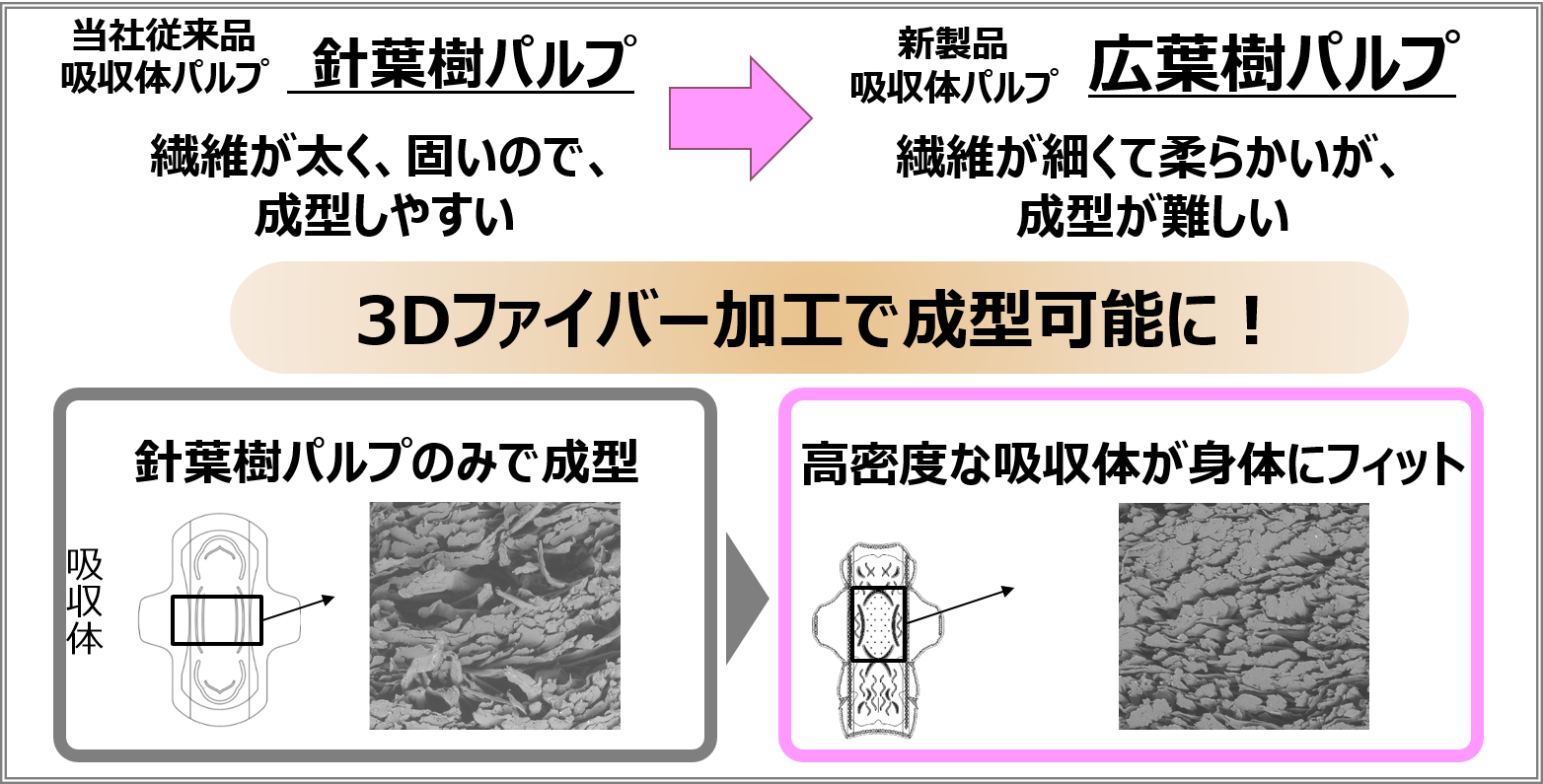 ソフィ初※２の“広葉樹パルプ”を使用した“３Ｄフィット吸収体”